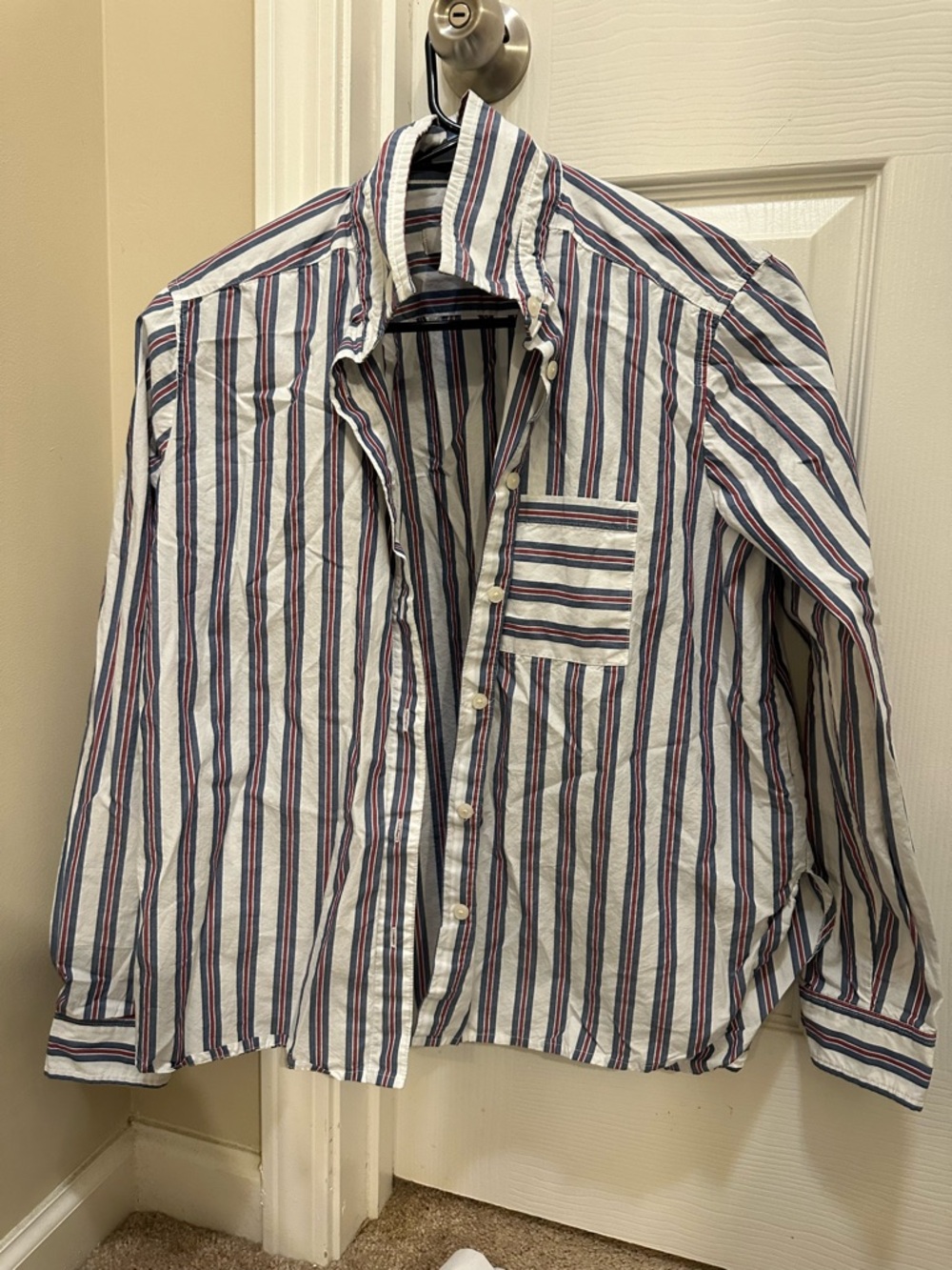 Women’s Striped Button-Up Shirt in White, Navy & Red